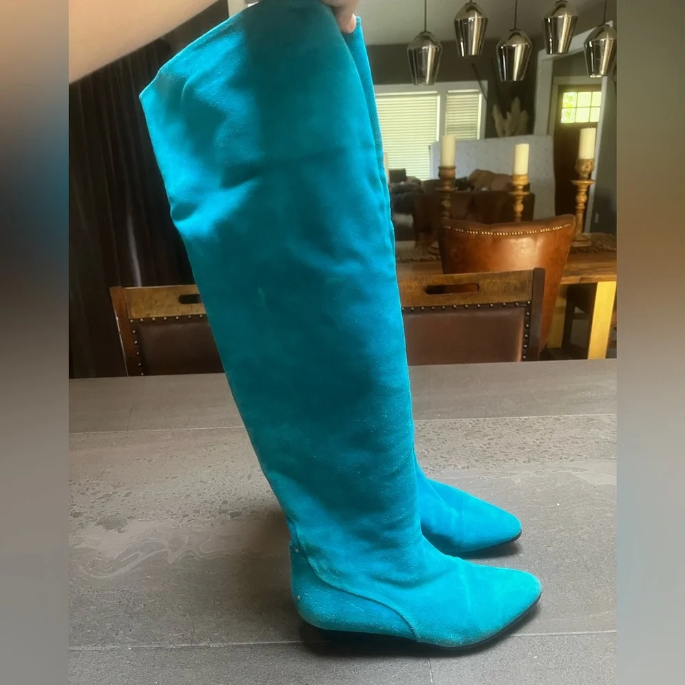 Vintage Neiman Marcus Teal Suede Knee Length Boots Size 37.5